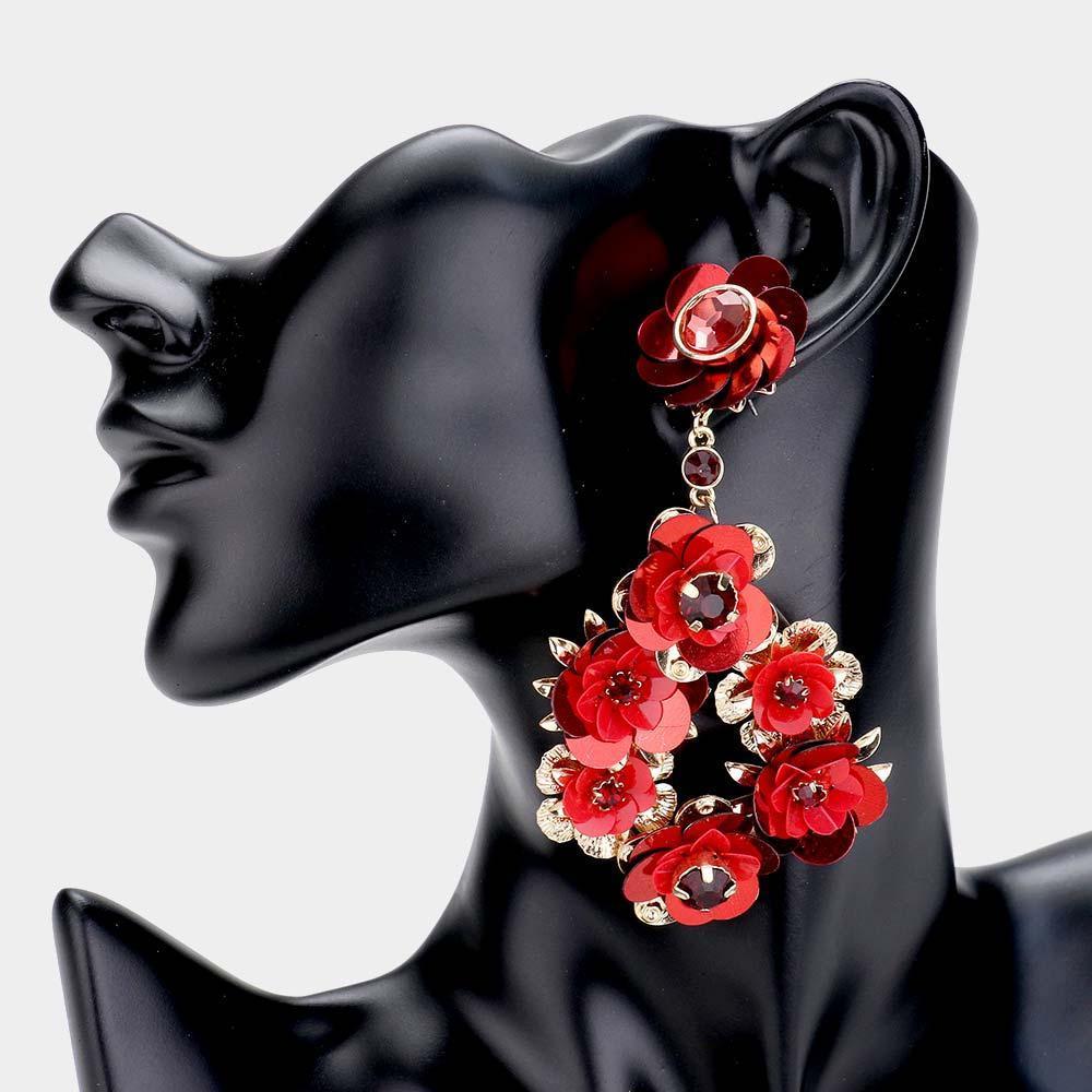 Red Sequin Metal Bloom Flower Dangle Earrings - Jewelry Store by Erik Rayo