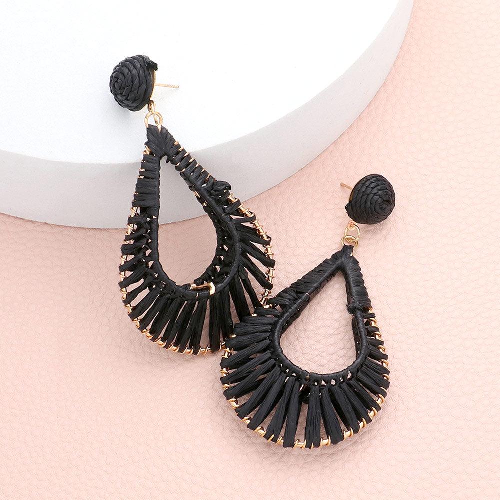Black Raffia Wrapped Open Teardrop Dangle Earrings - Jewelry Store by Erik Rayo