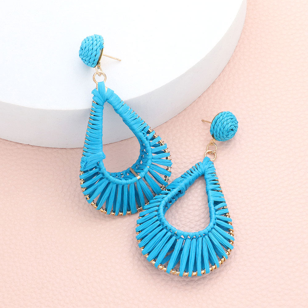 Turquoise Raffia Wrapped Open Teardrop Dangle Earrings