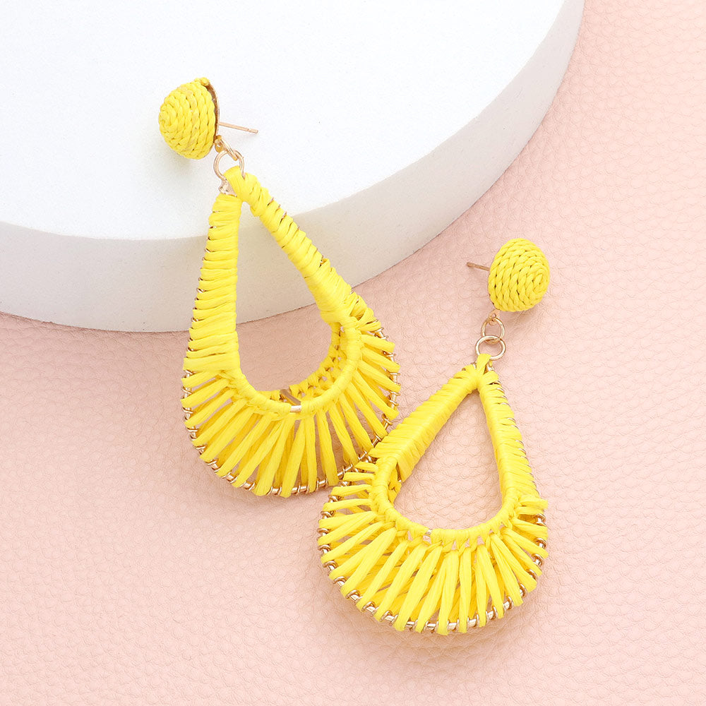 Yellow Raffia Wrapped Open Teardrop Dangle Earrings