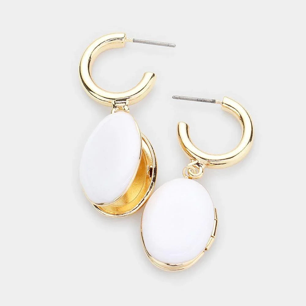 White Metal Half Hoop Enamel Oval Locket Link Dangle Earrings - Jewelry Store by Erik Rayo
