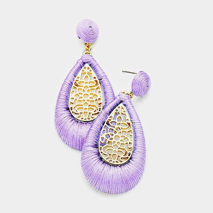 Lavender Thread Wrapped Filigree Metal Teardrop Dangle Earrings - Jewelry Store by Erik Rayo