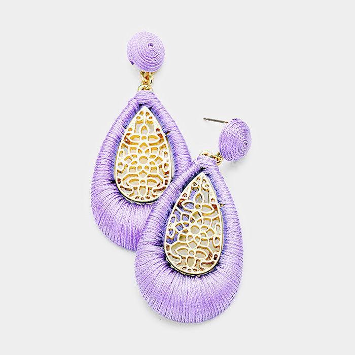 Lavender Thread Wrapped Filigree Metal Teardrop Dangle Earrings