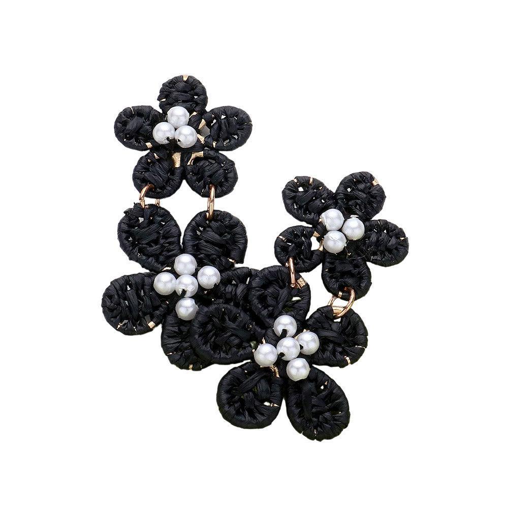 Black Pearl Pointed Raffia Wrapped Flower Link Earrings - Jewelry Store by Erik Rayo