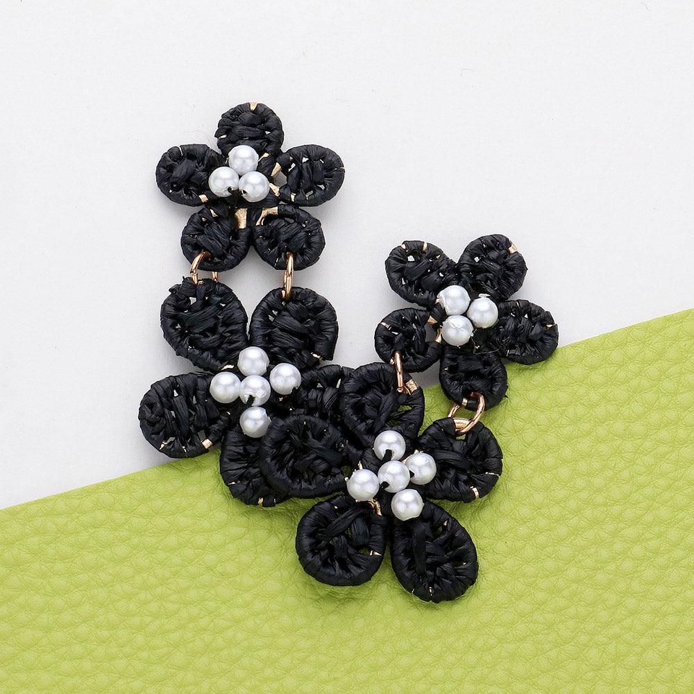 Black Pearl Pointed Raffia Wrapped Flower Link Earrings - Jewelry Store by Erik Rayo