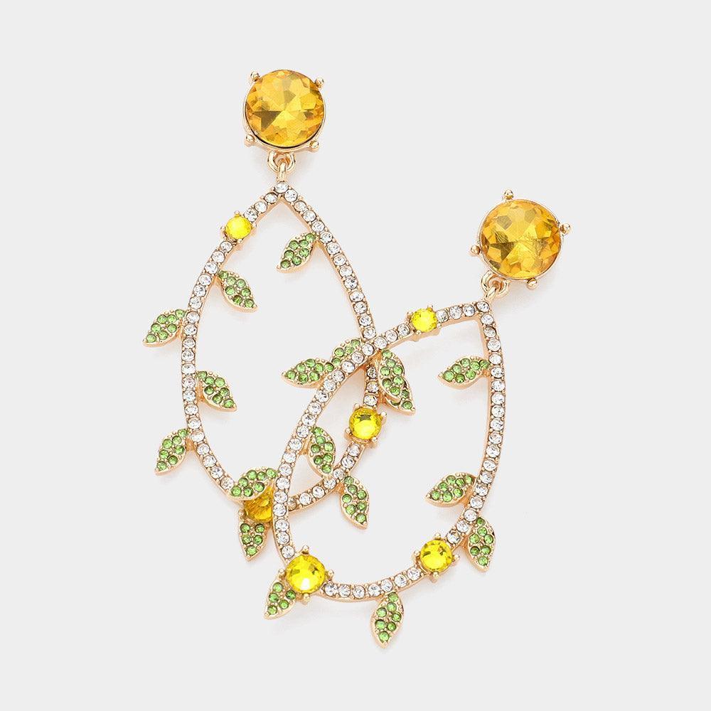 Yellow Stone Paved Open Teardrop Leaves Dangle Earrings - Jewelry Store by Erik Rayo