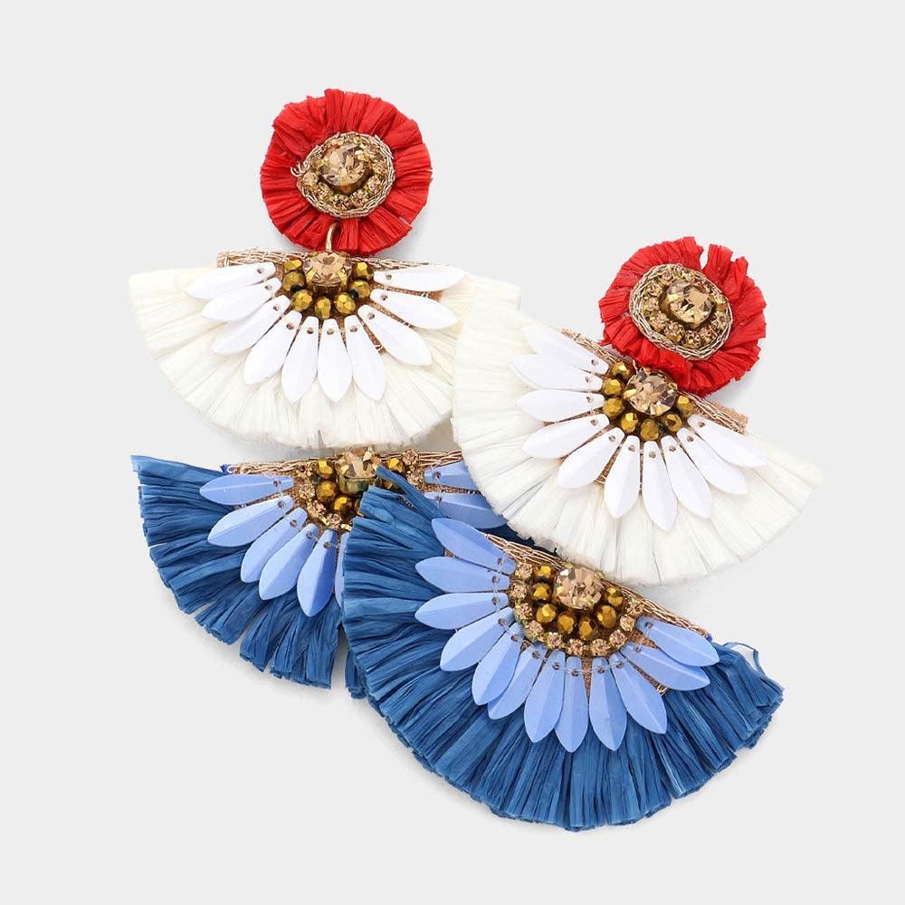 American USA Flag Colored Stone Pointed Raffia Fan Link Earrings