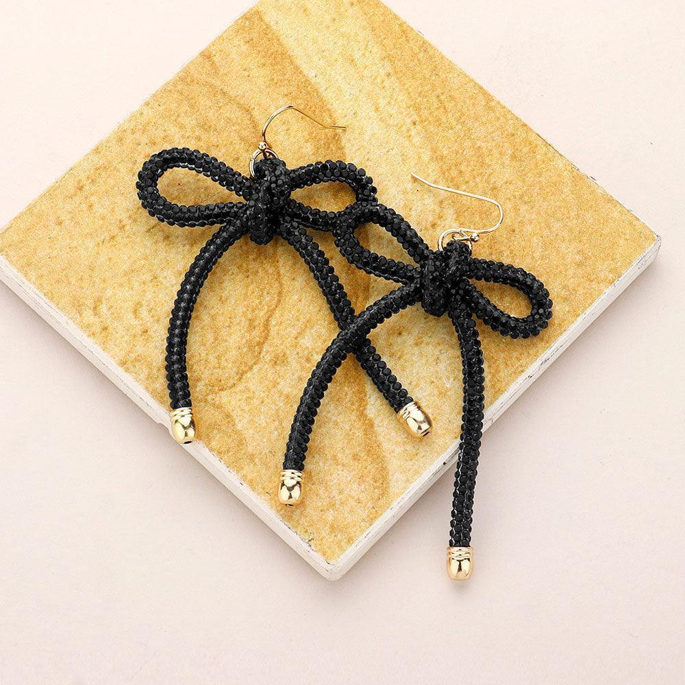 Black Bling Studded Tube Bow Dangle Earrings - Jewelry Store by Erik Rayo