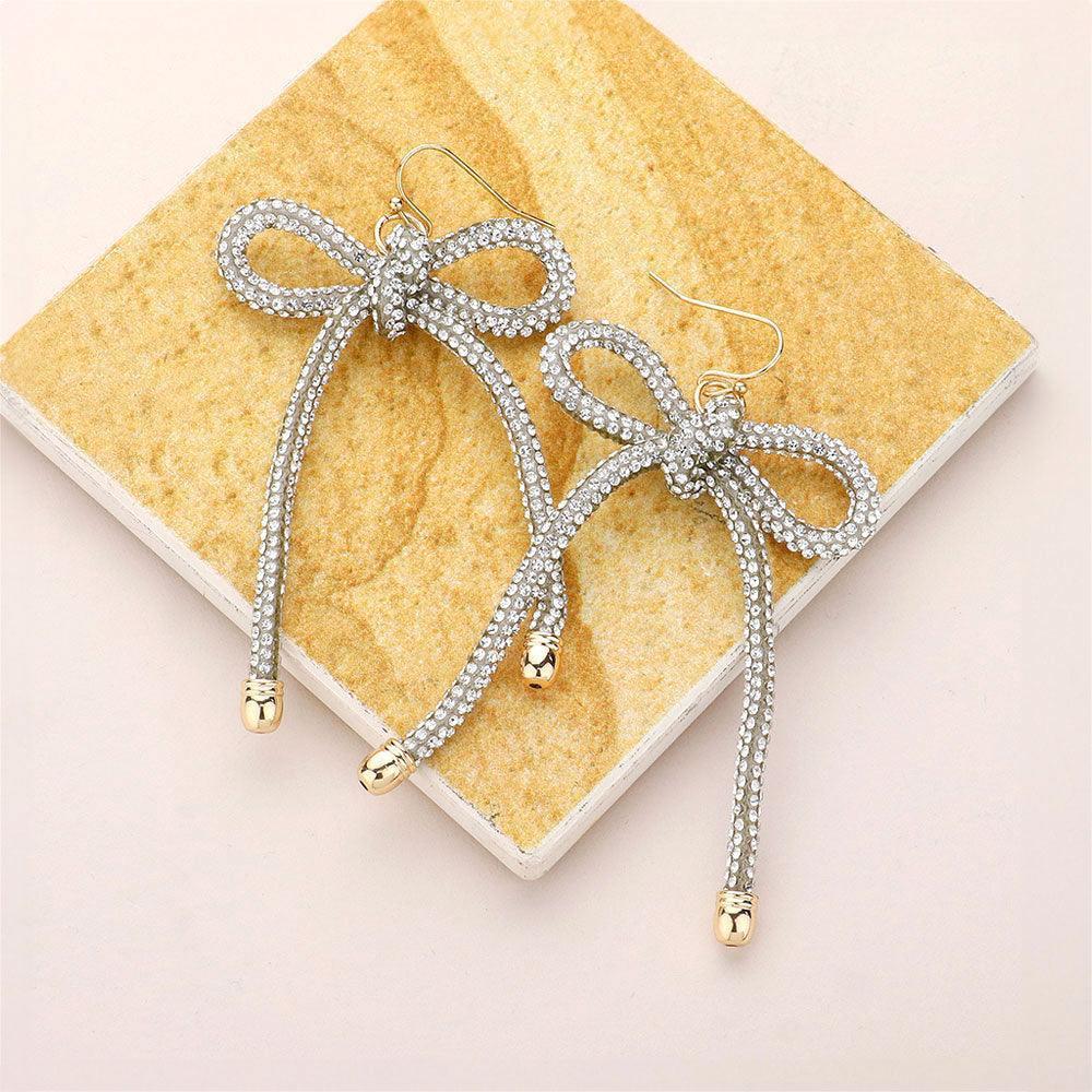 Clear Bling Studded Tube Bow Dangle Earrings - Jewelry Store by Erik Rayo