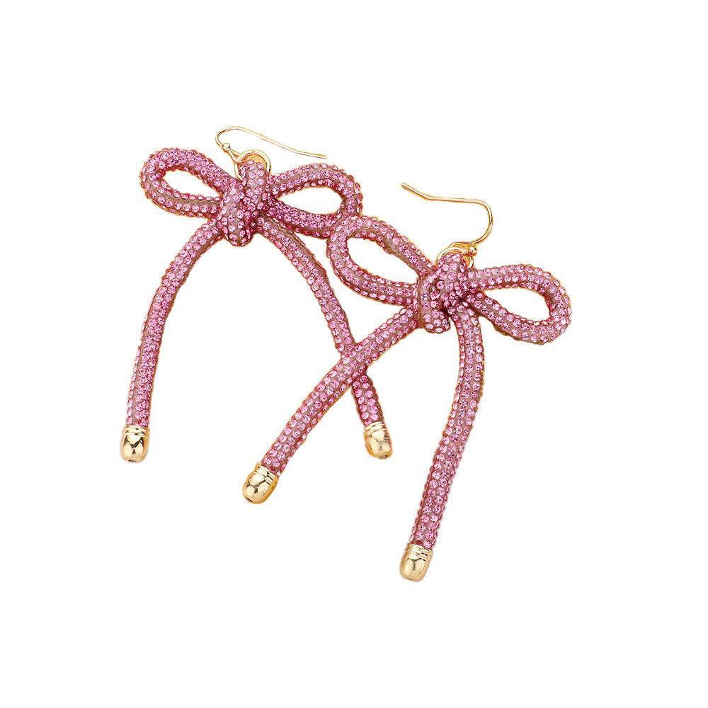 Pink Bling Studded Tube Bow Dangle Earrings - Jewelry Store by Erik Rayo