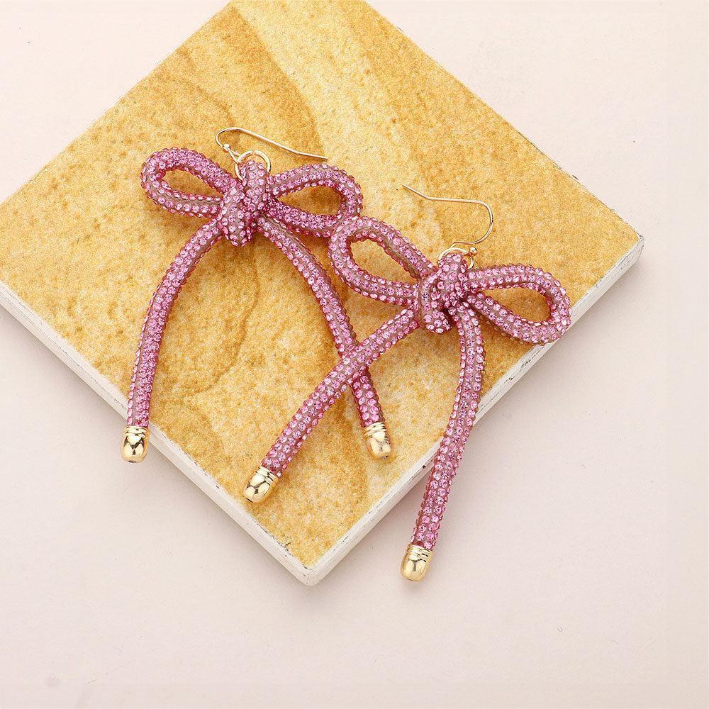 Pink Bling Studded Tube Bow Dangle Earrings - Jewelry Store by Erik Rayo