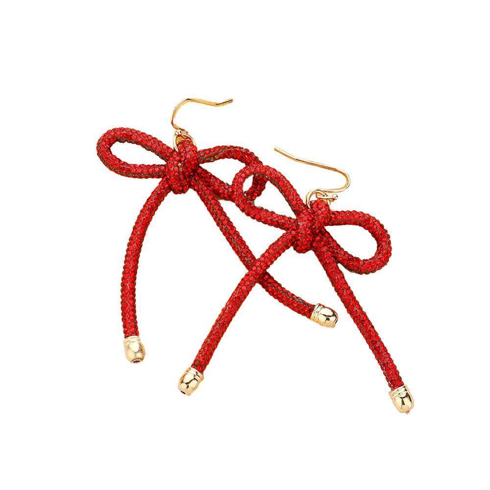 Red Bling Studded Tube Bow Dangle Earrings - Jewelry Store by Erik Rayo