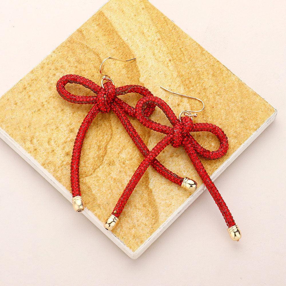 Red Bling Studded Tube Bow Dangle Earrings - Jewelry Store by Erik Rayo