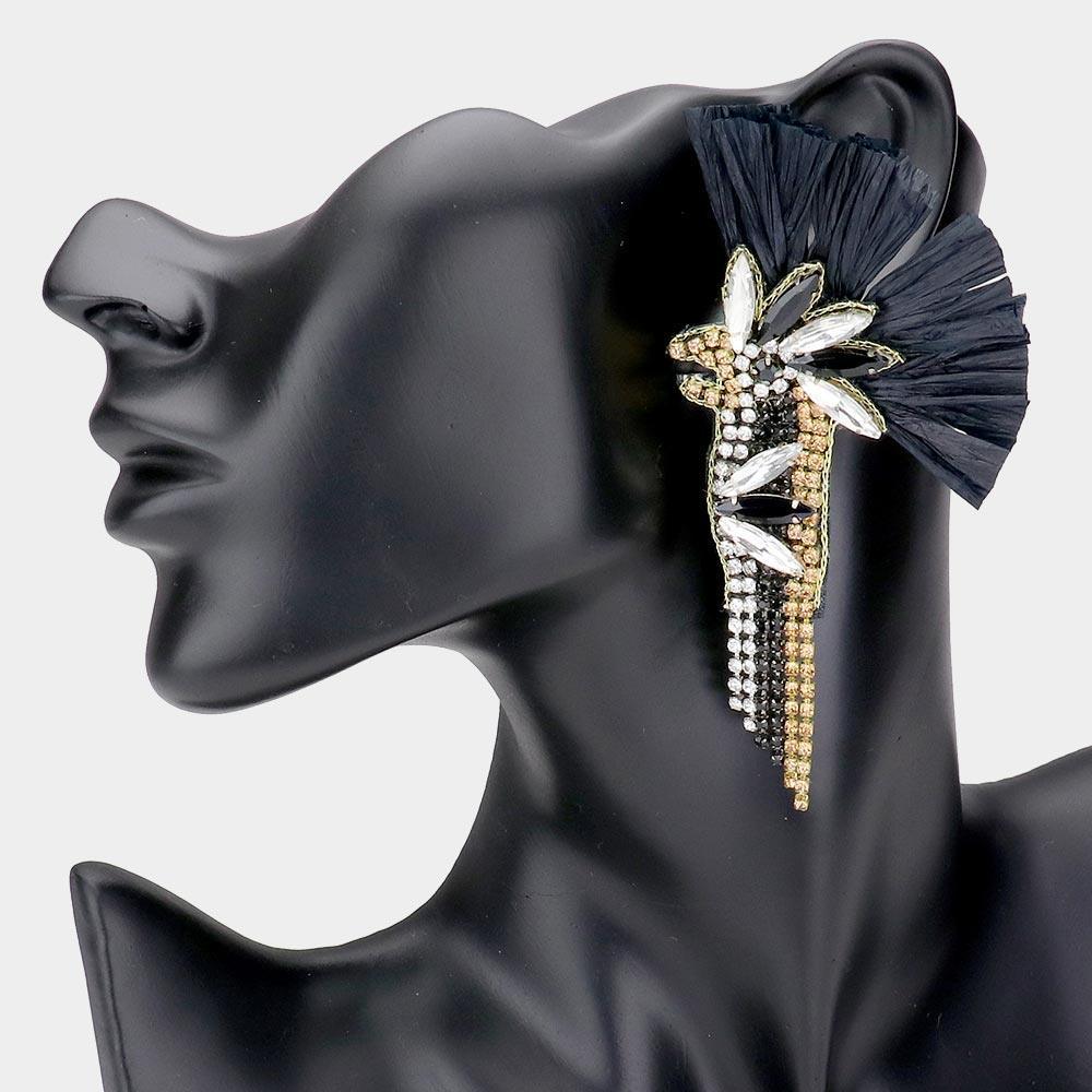 Black Raffia Pointed Stone Embellished Bird Earrings - Jewelry Store by Erik Rayo