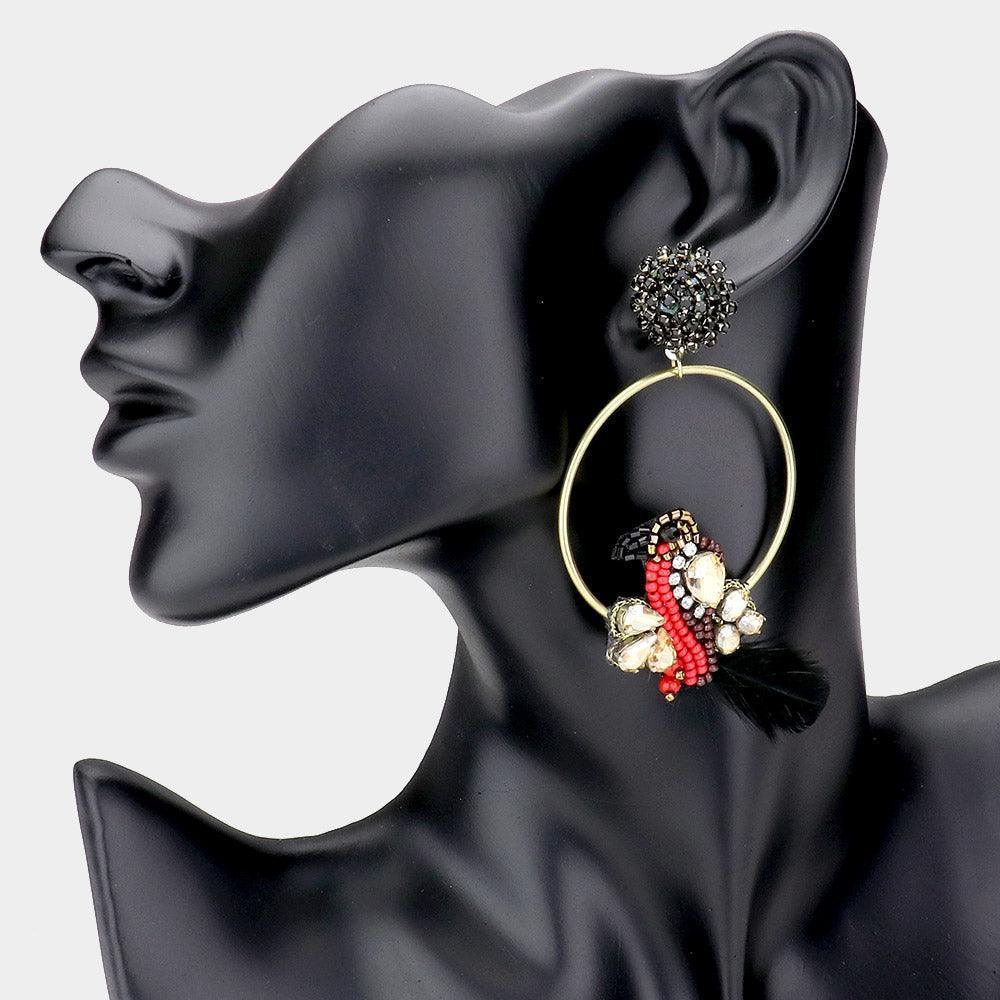 Black Open Metal Circle Multi Beaded Bird Dangle Earrings - Jewelry Store by Erik Rayo