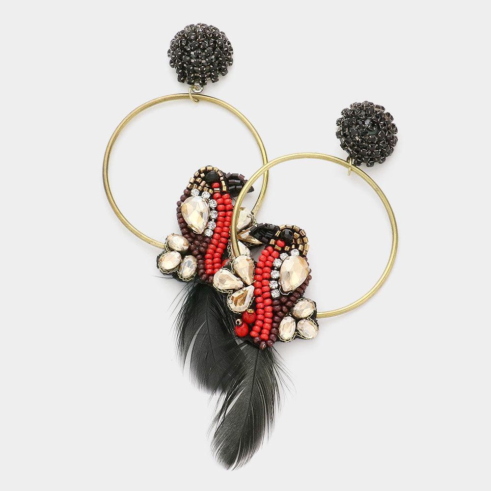 Black Open Metal Circle Multi Beaded Bird Dangle Earrings - Jewelry Store by Erik Rayo