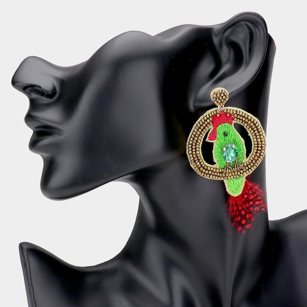 Green Embroidery Parrot Earrings - Jewelry Store by Erik Rayo