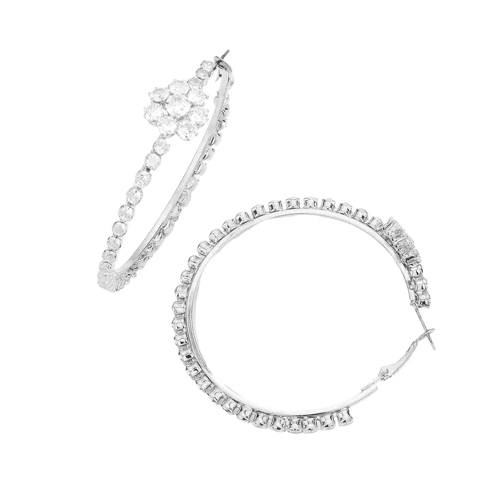 Silver Bubble Stone Flower Accented Hoop Earrings - Jewelry Store by Erik Rayo