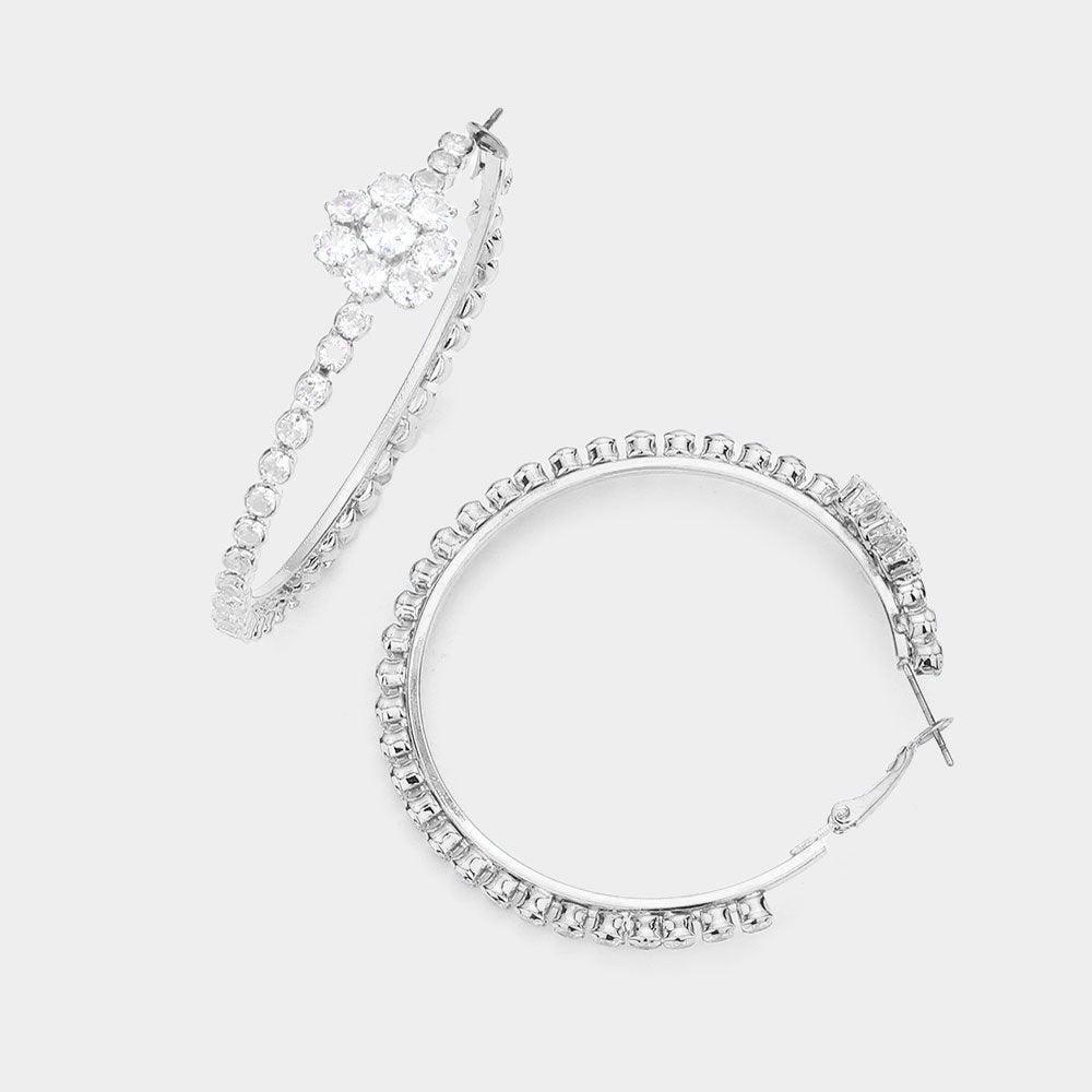 Silver Bubble Stone Flower Accented Hoop Earrings - Jewelry Store by Erik Rayo