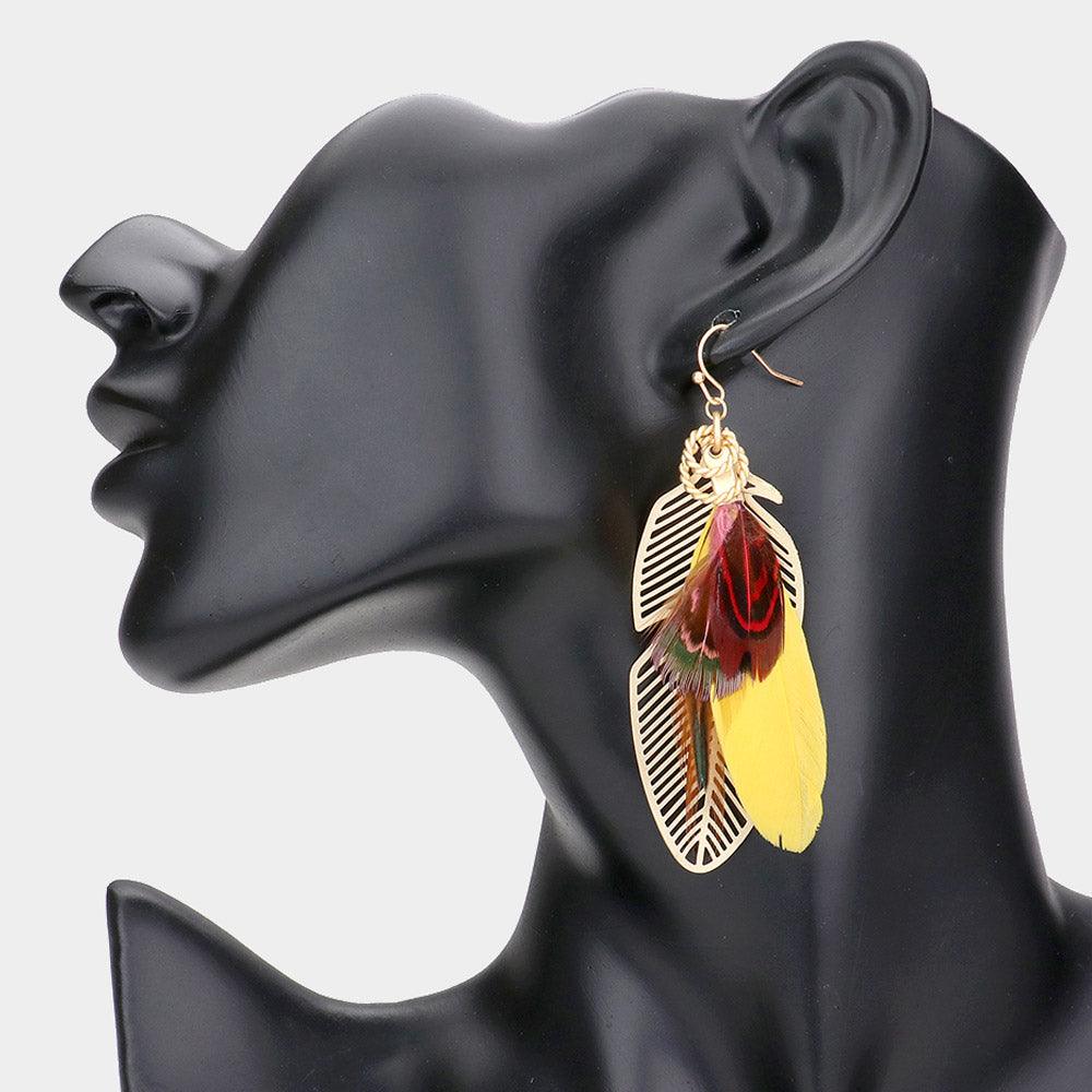 Yellow Feather Layered Dangle Earrings