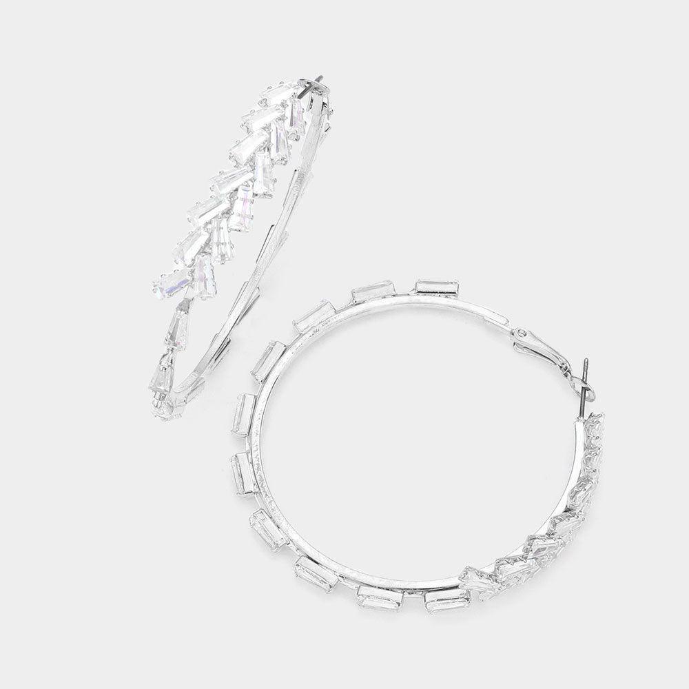 Silver Irregular Rectangle Stone Cluster Hoop Earrings