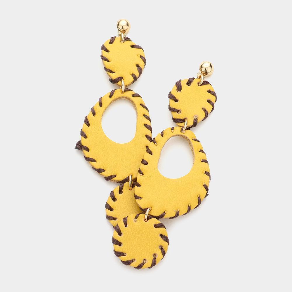Yellow Stitch Trim Irregular Faux Leather Dangle Earrings - Jewelry Store by Erik Rayo