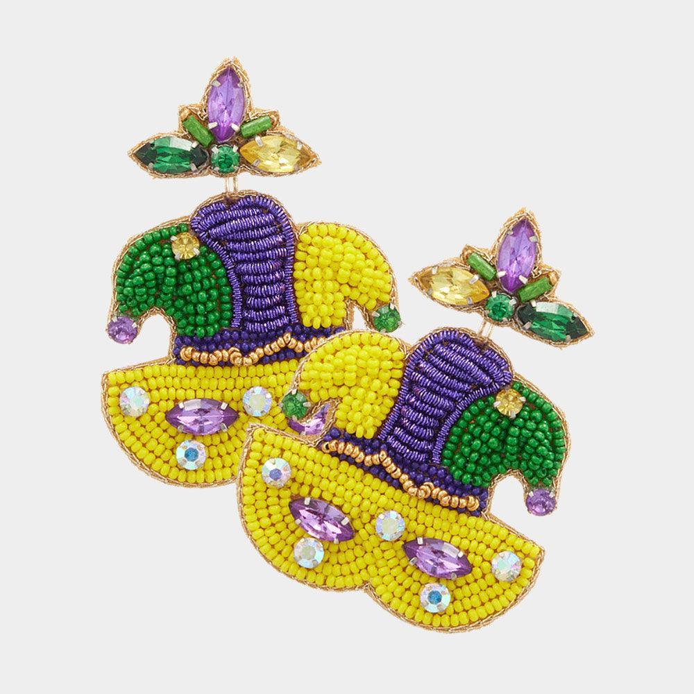 Felt Back Mardi Gras Mask Beaded Dangle Earrings - Jewelry Store by Erik Rayo