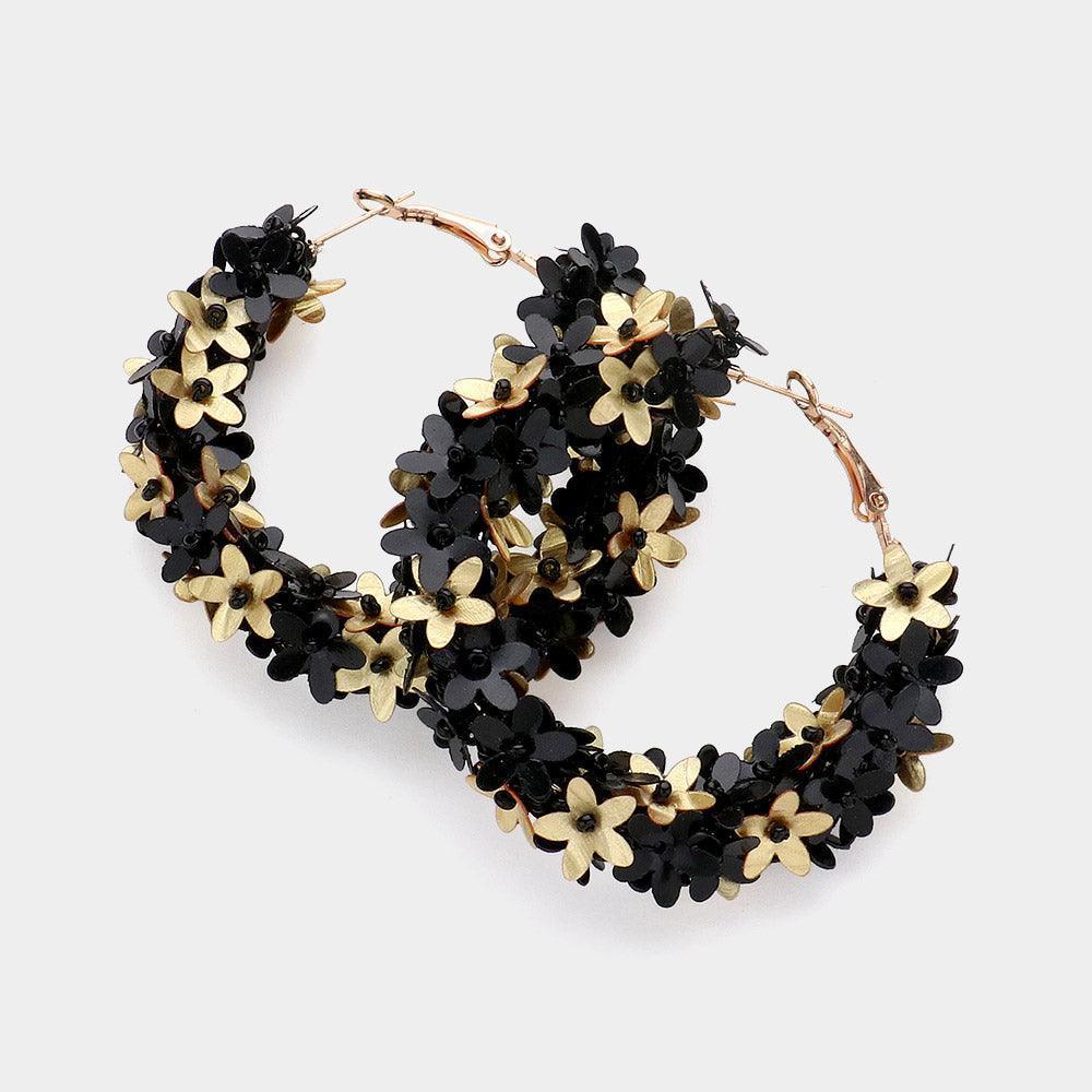 Black Sequin Flower Hoop Earrings - Jewelry Store by Erik Rayo
