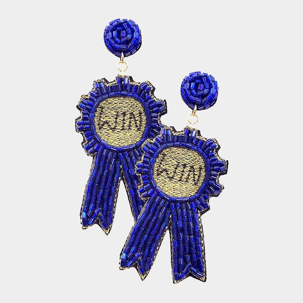 Blue Felt Back Beaded Sports Winning Badge Dangle Earrings - Jewelry Store by Erik Rayo