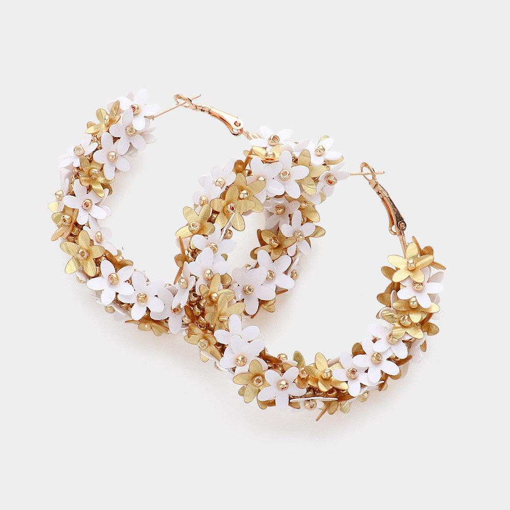 White Sequin Flower Hoop Earrings