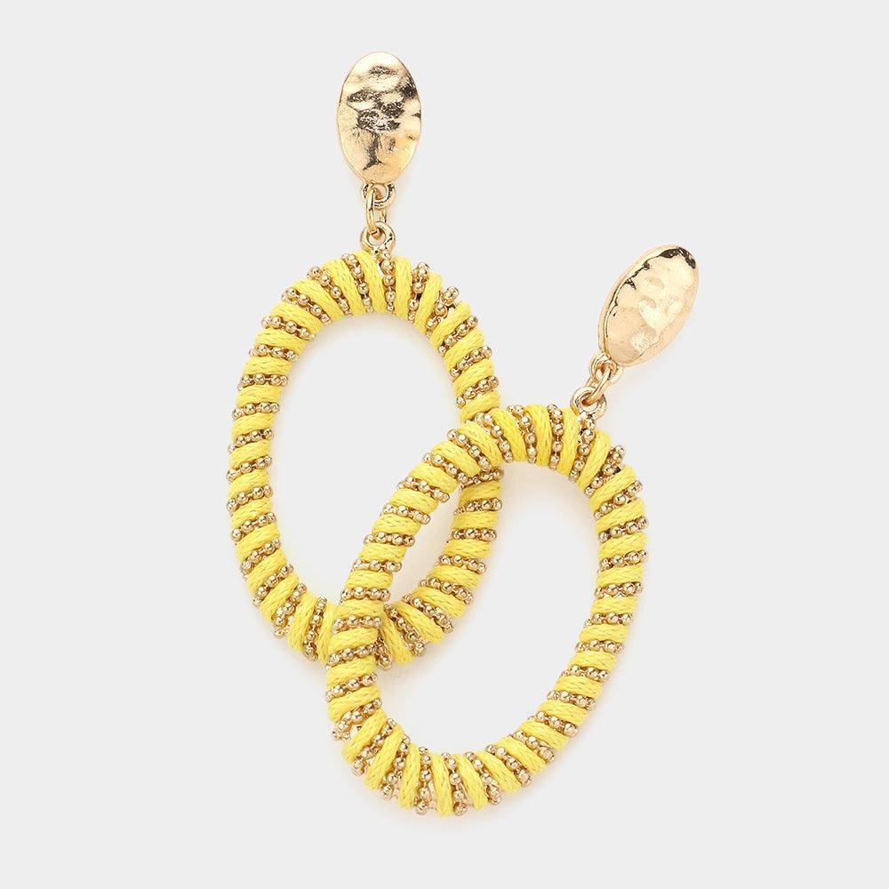 Yellow Thread Wrapped Oval Hoop Earrings - Jewelry Store by Erik Rayo