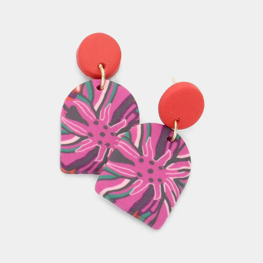 Red Flower Print Clay Dangle Earrings - Jewelry Store by Erik Rayo