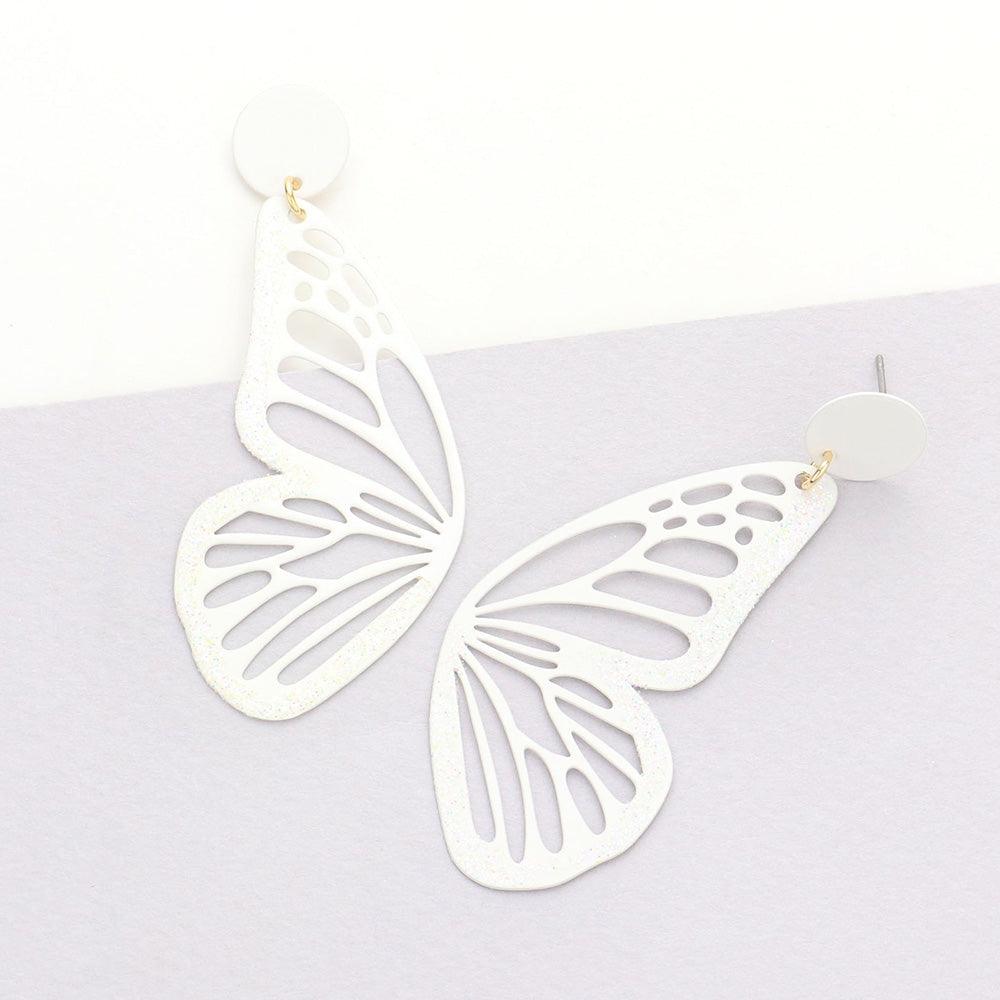 White Glittered Cut Out Butterfly Dangle Earrings