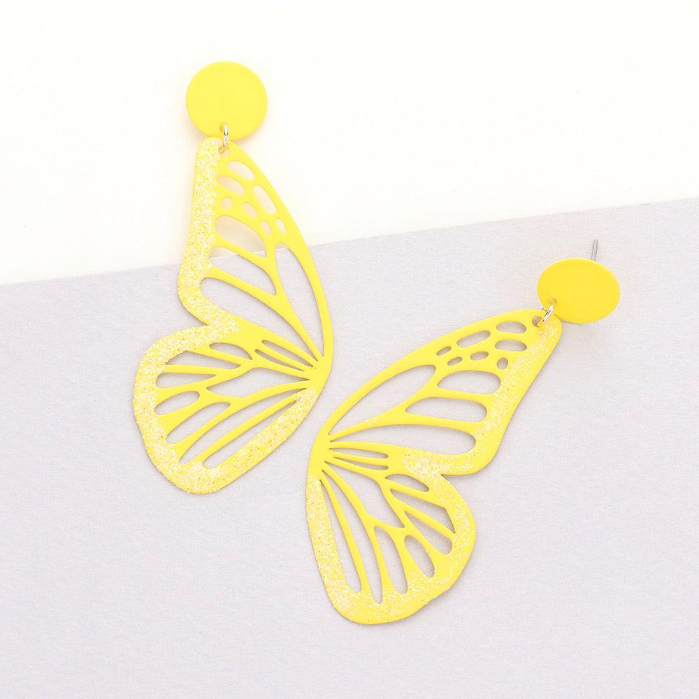 Yellow Glittered Cut Out Butterfly Dangle Earrings