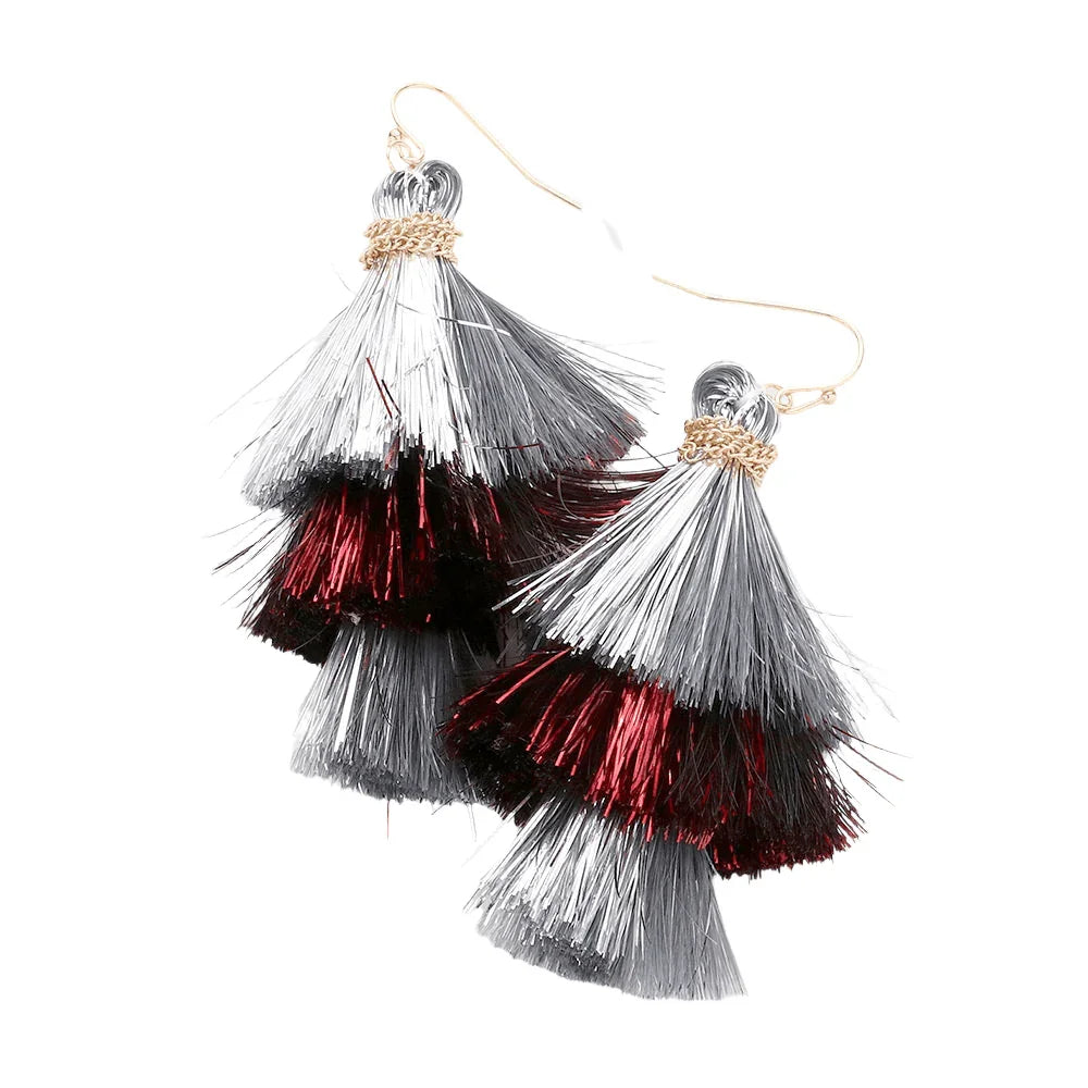 Burgundy Game Day Triple Tassel Layered Dangle Earrings - Jewelry Store by Erik Rayo
