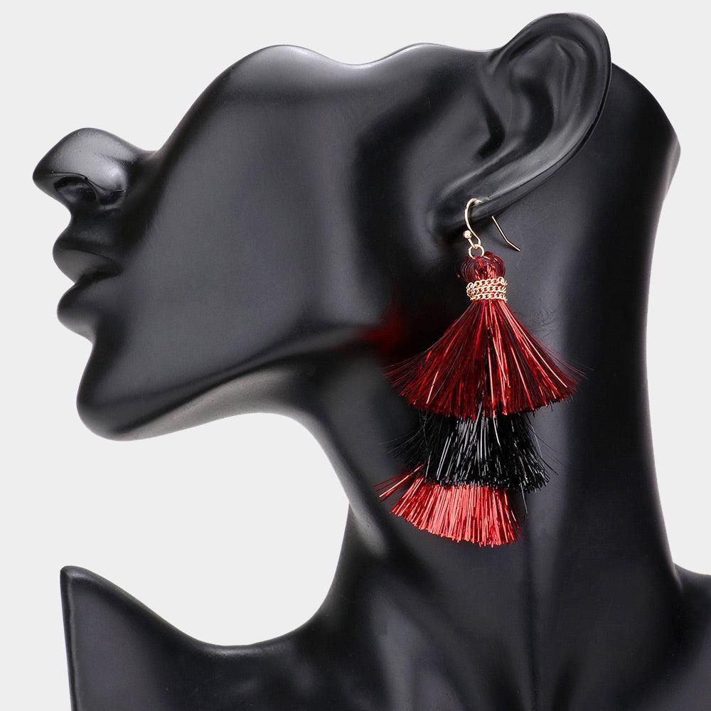 Burgundy Game Day Triple Tassel Layered Dangle Earrings - Jewelry Store by Erik Rayo