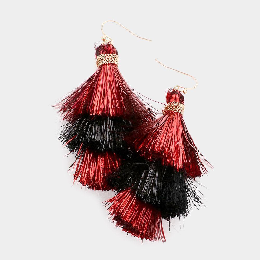 Burgundy Game Day Triple Tassel Layered Dangle Earrings - Jewelry Store by Erik Rayo
