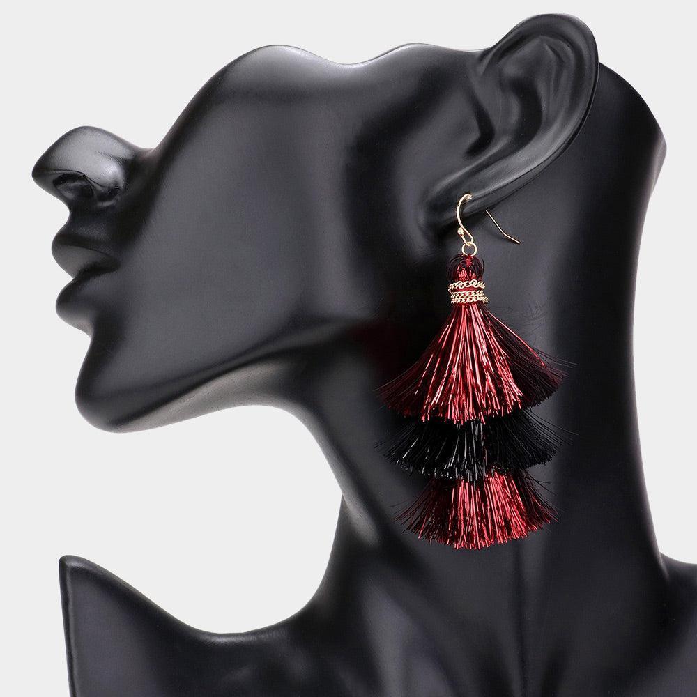 Burgundy Game Day Triple Tassel Layered Dangle Earrings - Jewelry Store by Erik Rayo