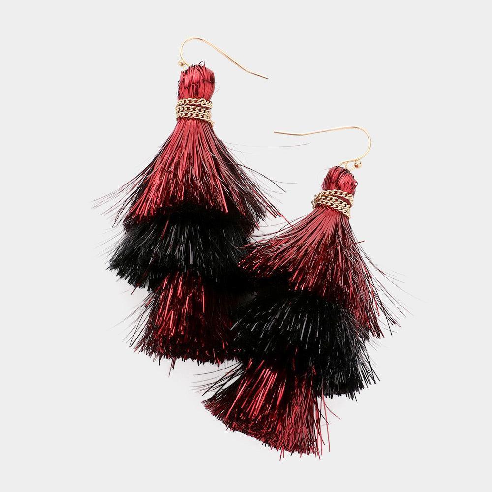 Burgundy Game Day Triple Tassel Layered Dangle Earrings - Jewelry Store by Erik Rayo