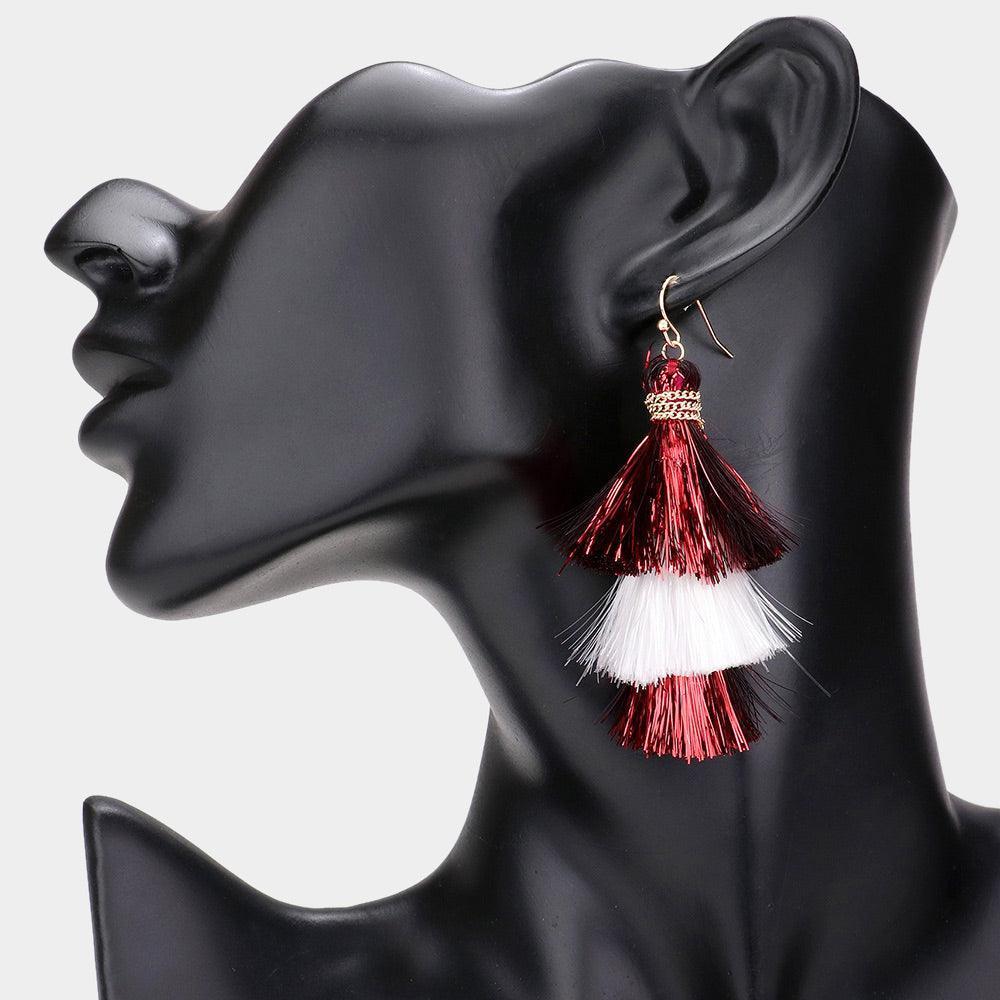 Burgundy Game Day Triple Tassel Layered Dangle Earrings - Jewelry Store by Erik Rayo