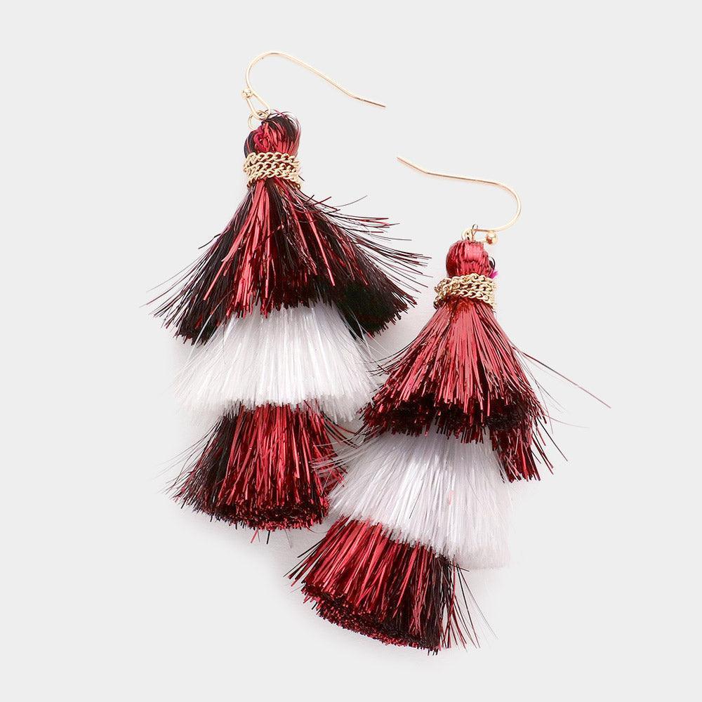 Burgundy Game Day Triple Tassel Layered Dangle Earrings - Jewelry Store by Erik Rayo