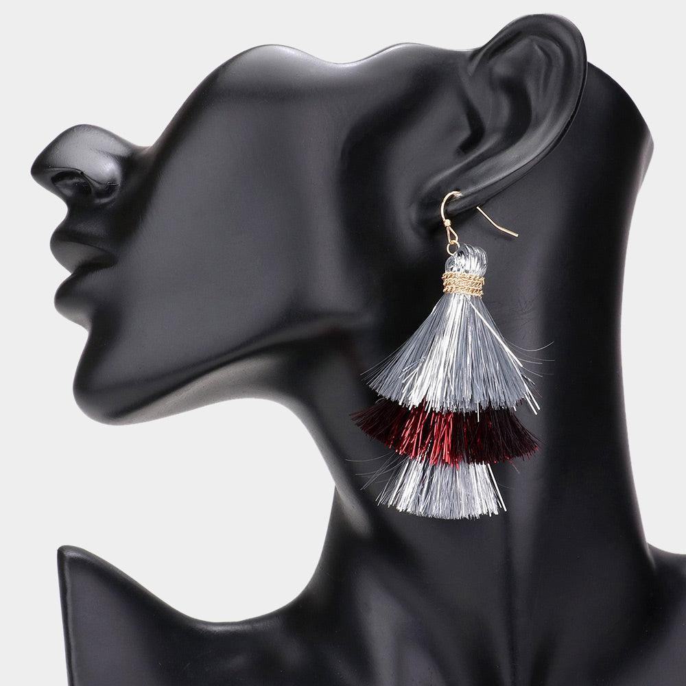 Burgundy Game Day Triple Tassel Layered Dangle Earrings - Jewelry Store by Erik Rayo