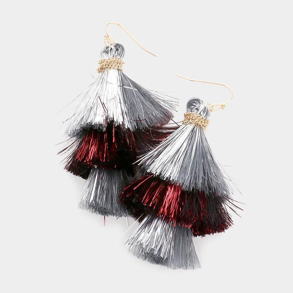 Burgundy Game Day Triple Tassel Layered Dangle Earrings - Jewelry Store by Erik Rayo
