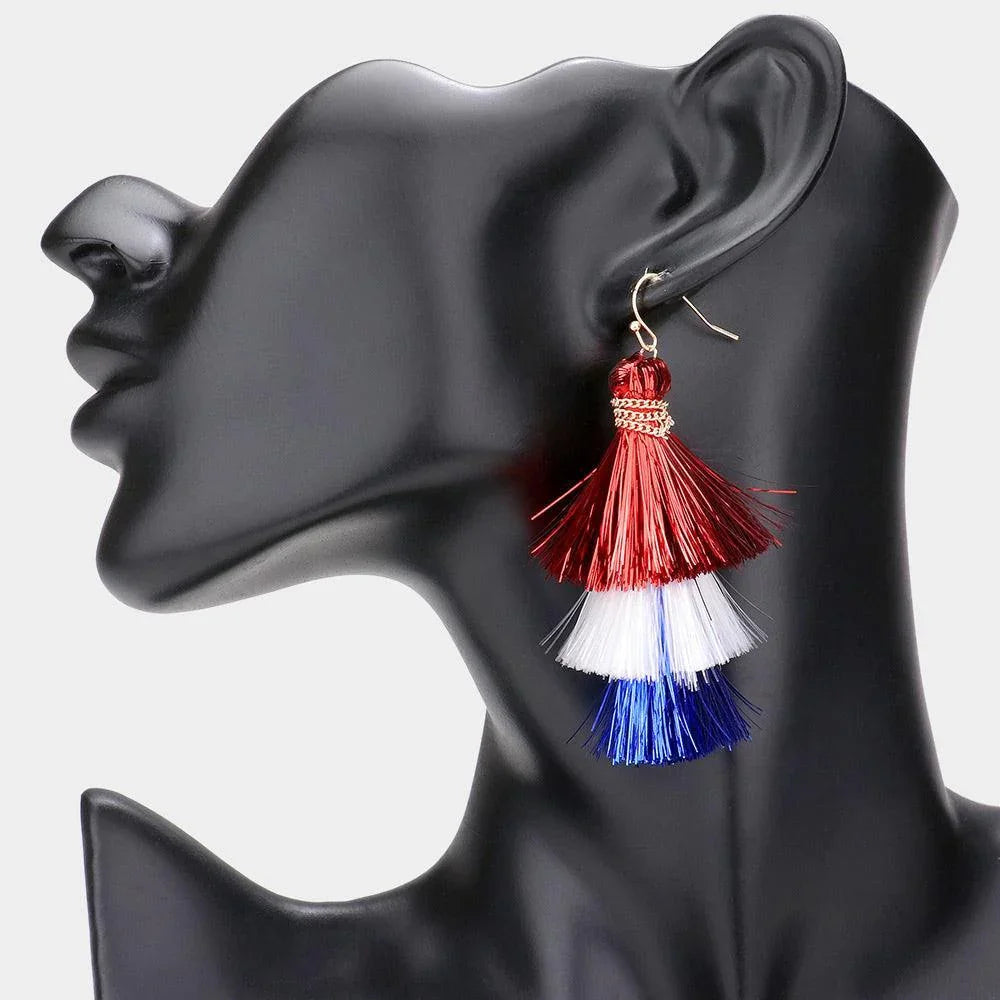 American USA Flag Triple Tassel Layered Dangle Earrings - Jewelry Store by Erik Rayo