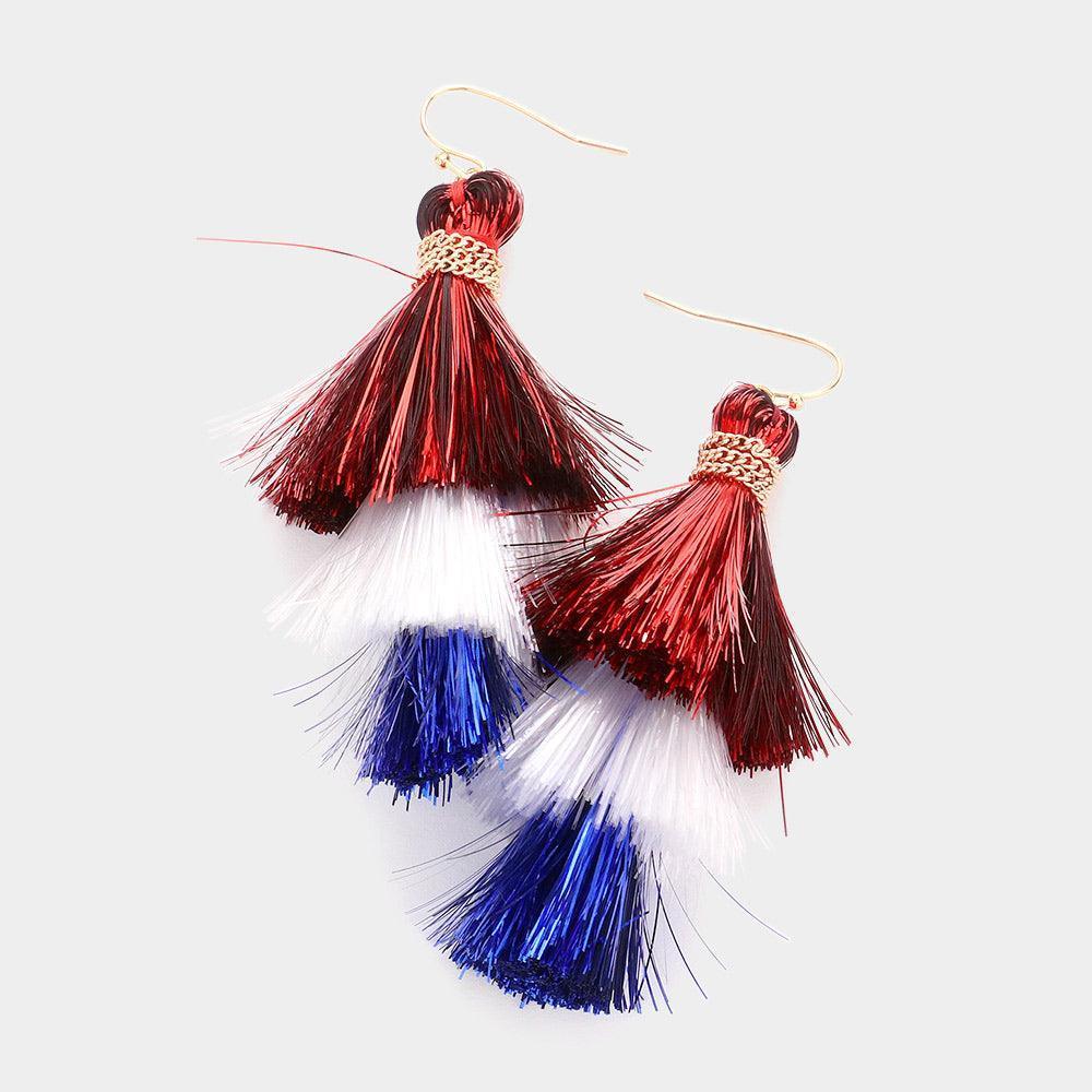 American USA Flag Triple Tassel Layered Dangle Earrings - Jewelry Store by Erik Rayo
