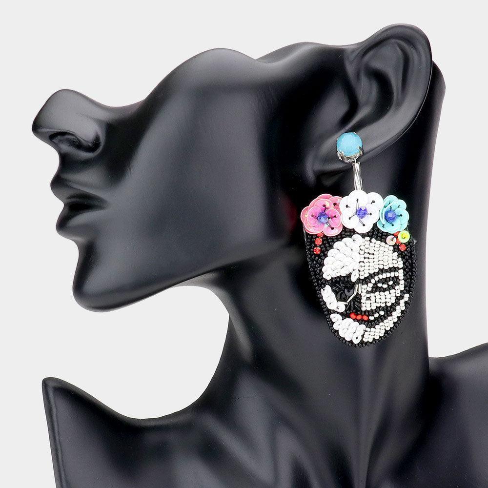 White Triple Flower Sequin Seed Beaded Skull Dangle Earrings - Jewelry Store by Erik Rayo