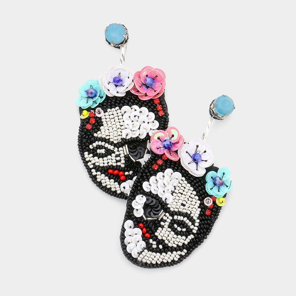 White Triple Flower Sequin Seed Beaded Skull Dangle Earrings - Jewelry Store by Erik Rayo