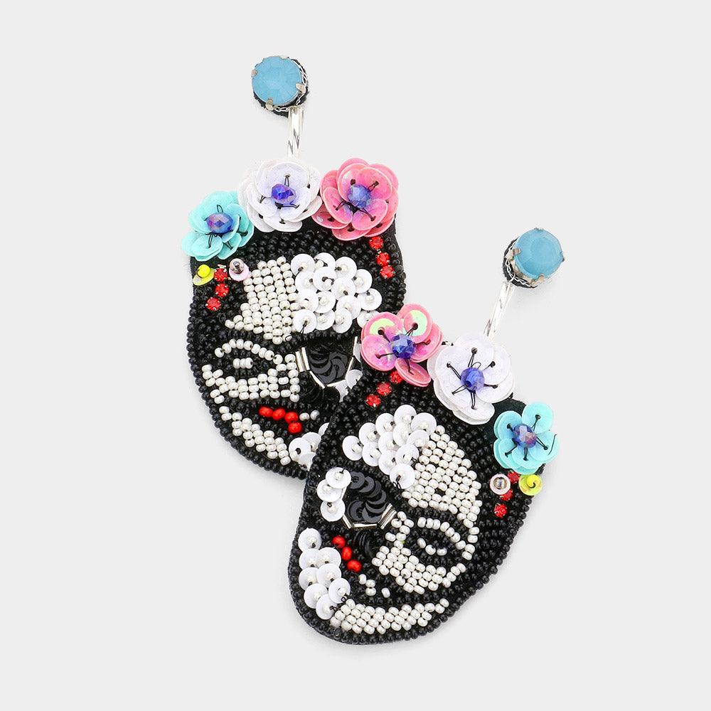 White Triple Flower Sequin Seed Beaded Skull Dangle Earrings