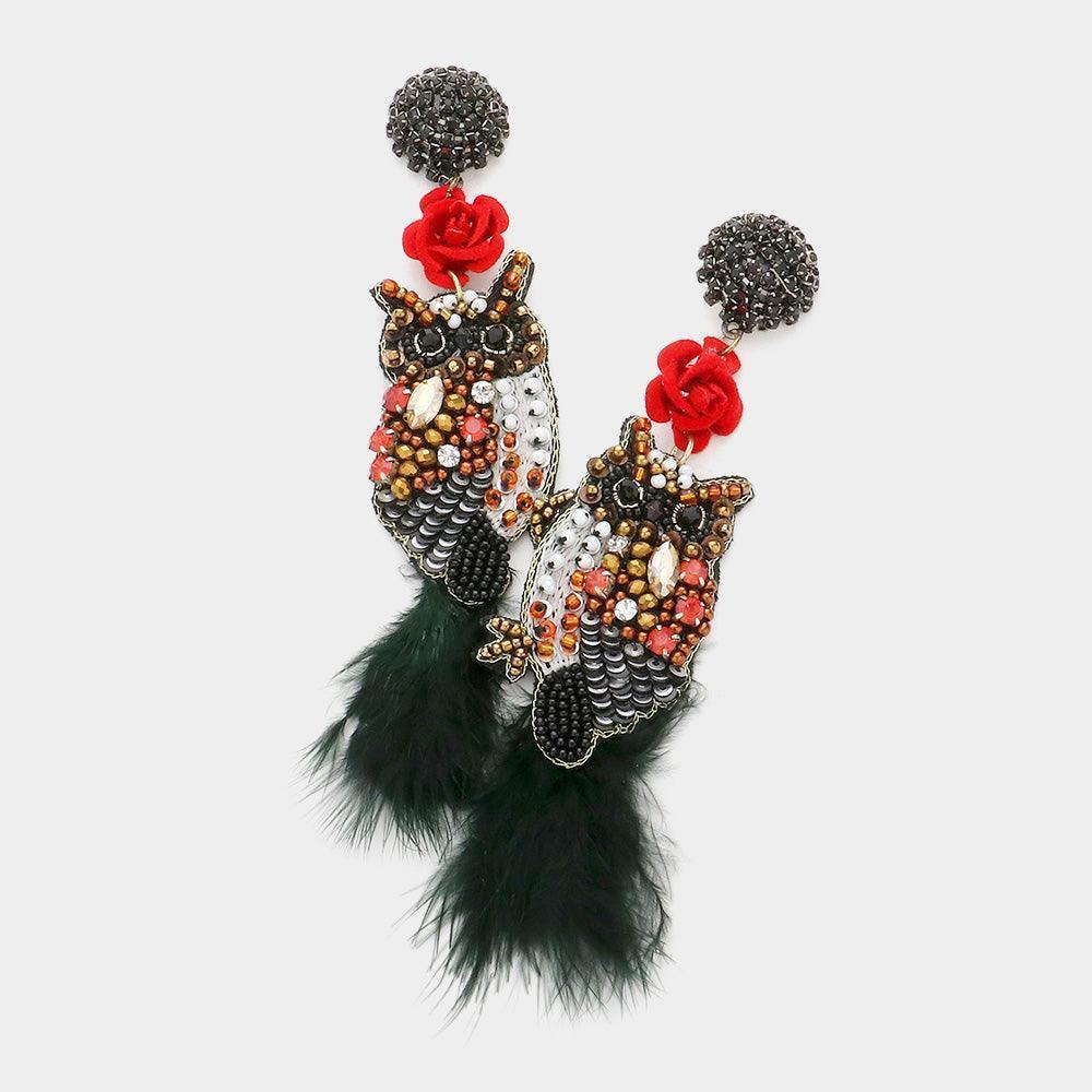 Black Flower Multi Beaded Feather Owl Link Dangle Earrings - Jewelry Store by Erik Rayo