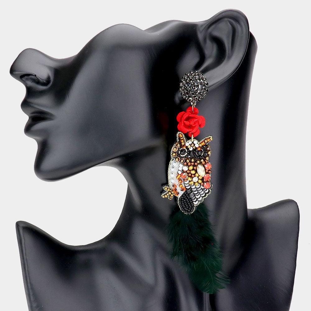 Black Flower Multi Beaded Feather Owl Link Dangle Earrings - Jewelry Store by Erik Rayo